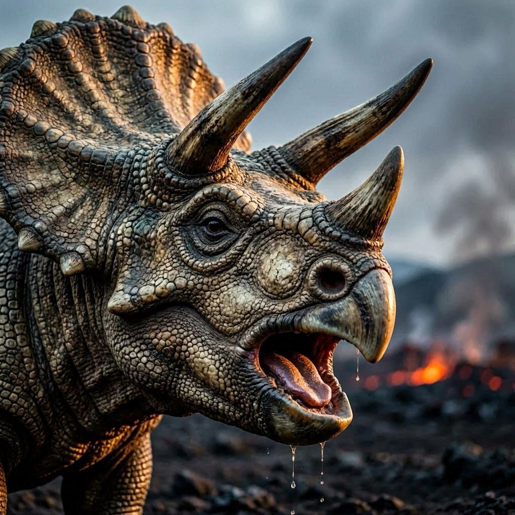 A close-up portrait of a roaring triceratops with intricately textured skin and weathered horns, set against a blurred volcanic plain backdrop, dramatic chiaroscuro lighting highlighting its frill contours, deep bokeh effect from an 85mm prime lens, rendered in ultra-detailed 3D realism.