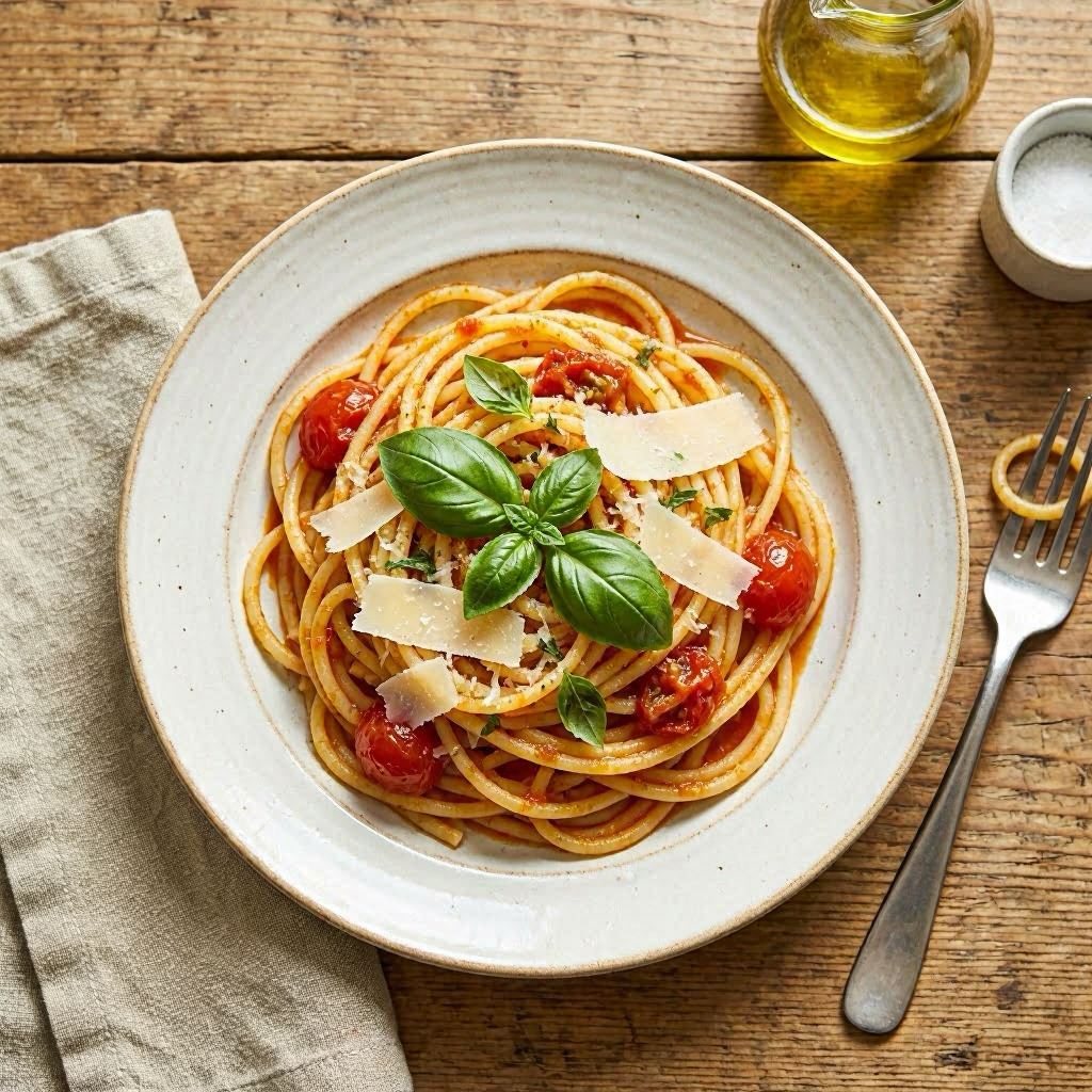 An overhead shot of Italian pomodoro spaghetti twirled neatly on a white ceramic plate, topped with fresh basil and fine parmesan shavings, bathed in soft diffused daylight from a nearby window, styled with muted earth tones, photographed using a 50mm lens for natural perspective and crisp detail.