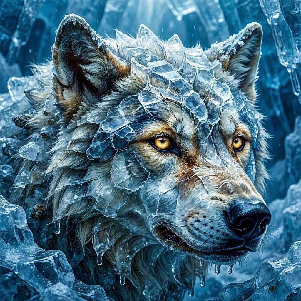 A dire wolf encased in glacial ice beginning to thaw, cracks revealing glowing amber eyes, surreal fantasy concept art, cold blue and white palette with crystalline textures, overhead spotlight effect, macro close-up on intricate ice details.