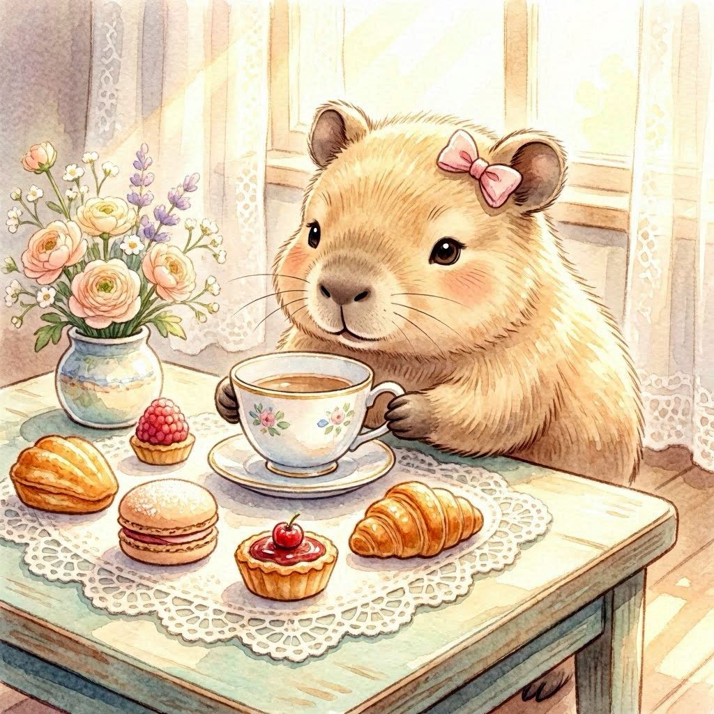 A fluffy capybara with a tiny bow sipping tea from a delicate cup at a miniature table, surrounded by pastries and flowers, illustrated in kawaii watercolor style, golden afternoon light streaming through lace curtains, soft pastel tones, macro focus on details.