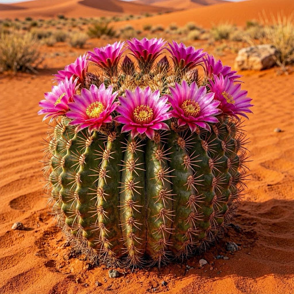 A barrel cactus in full bloom with bright magenta flowers encircling its yellow center, set against arid red sand dunes, painted in hyper-realistic botanical illustration style, soft morning light casting gentle shadows, rendered in ultra-high detail.