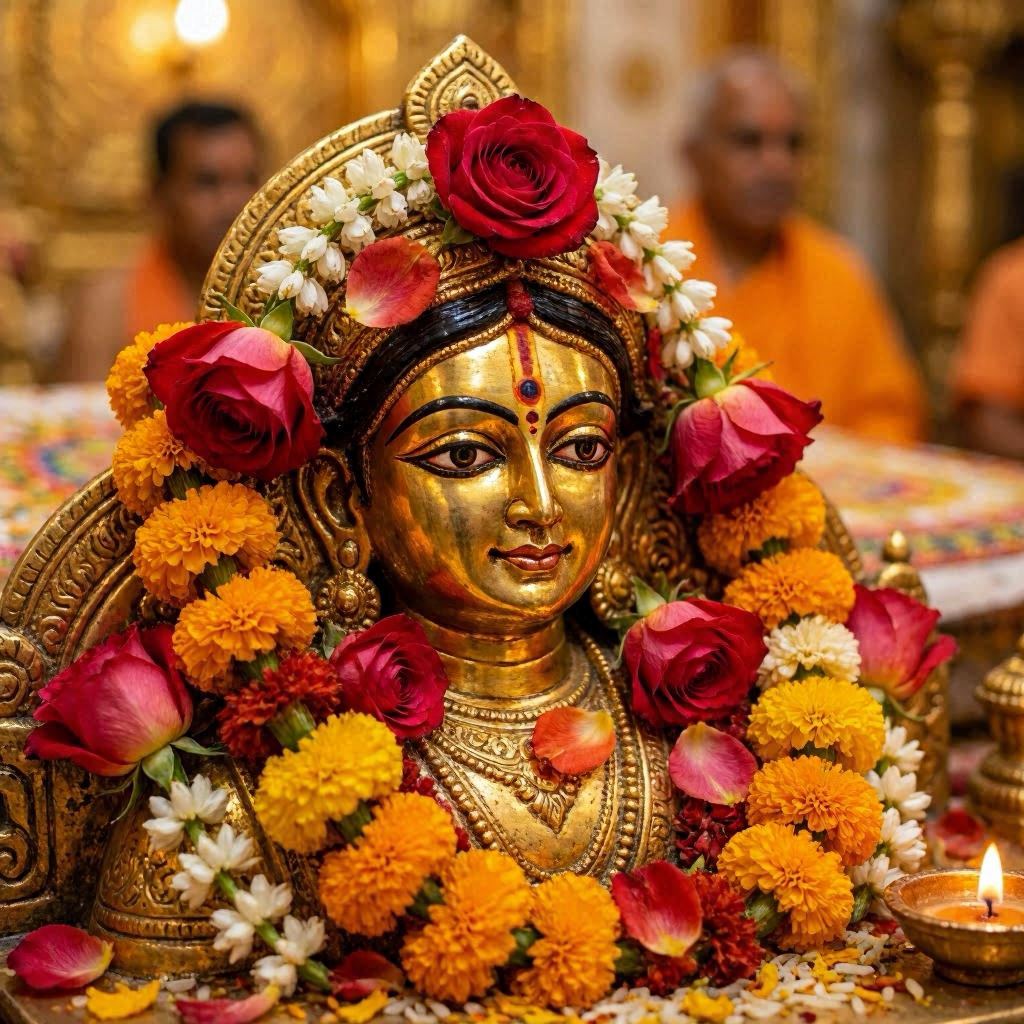 A close-up macro shot of Maa Vaishno Devi’s idol adorned with fresh roses, jasmine, and marigolds, delicate petals resting on polished gold surfaces, soft bokeh background with warm ambient temple lighting, captured with a 100mm macro lens.