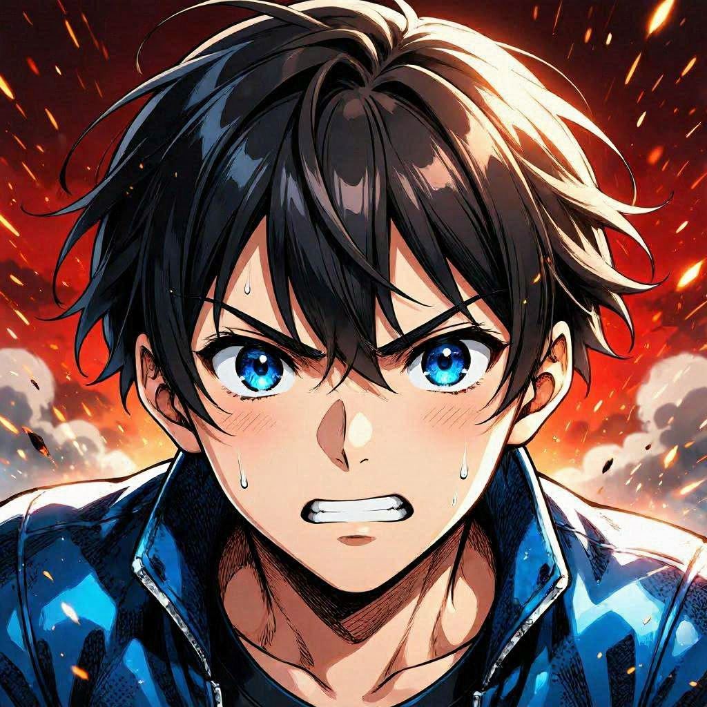 Close-up of an anime hero mid-battle with intense, determined eyes and gritted teeth, wind-swept hair, sparks flying in the background, dramatic rim lighting, saturated complementary reds and blues, dynamic manga-inspired shading, captured in a 35mm action shot.
