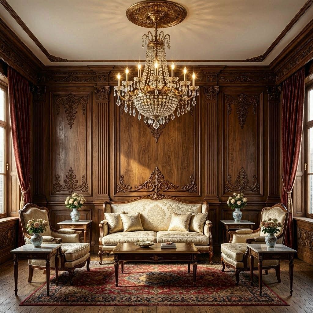 A classic-inspired nội thất with intricately carved wall panels, crystal chandelier centerpiece, and symmetrical seating arrangement, lit with dramatic chiaroscuro to emphasize texture, rendered in hyper-detailed digital painting style.