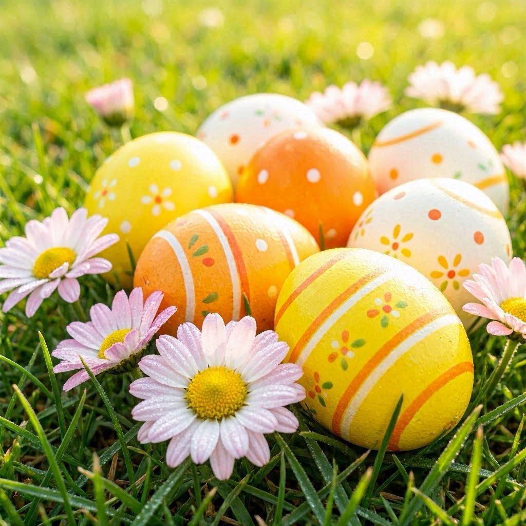 A joyful Happy Easter scene with yellow, orange, and white patterned eggs nestled among pink and white daisies in fresh grass, bathed in warm afternoon sunlight, macro photography style with 100mm lens capturing fine petal textures and egg details.