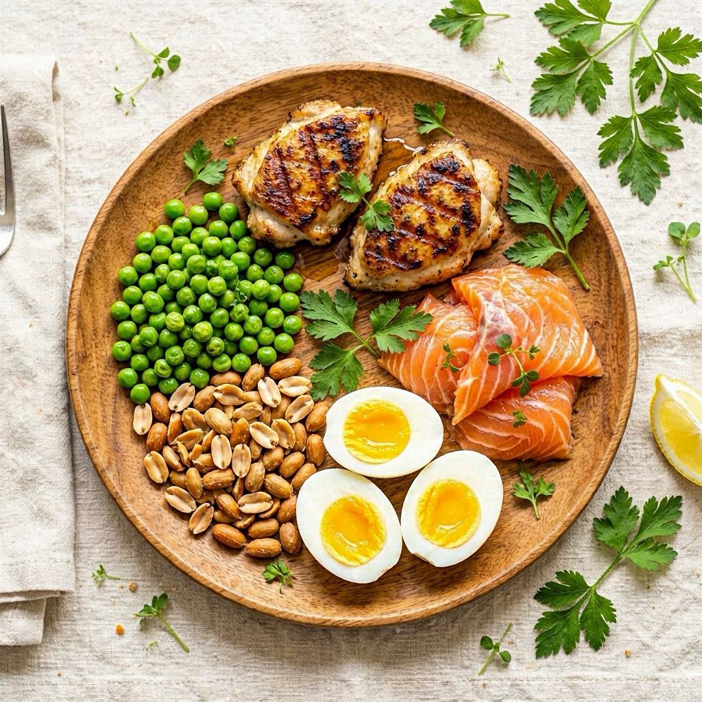 An overhead flat lay of a wooden platter featuring grilled chicken, boiled eggs, steamed peas, roasted peanuts, and fresh salmon slices, set on a linen tablecloth with scattered herbs, bright diffused daylight, shot with a 35mm lens for crisp textures.