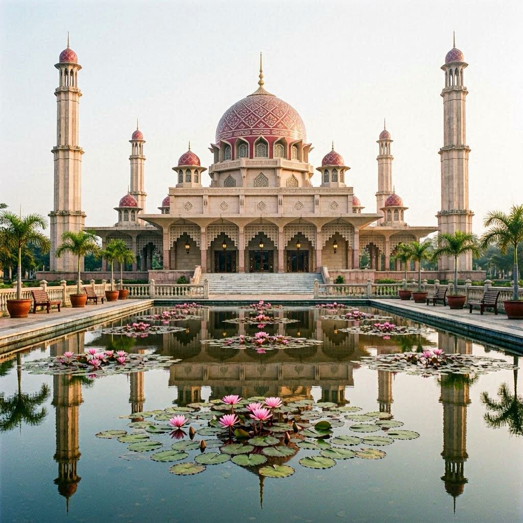 A grand mosque in SOCCSKSARGEN with red domes and slender minarets reflected in a pond filled with blooming pink water lilies, soft morning haze, harmonious crimson and emerald palette, architectural photography with 35mm lens, balanced symmetry composition.