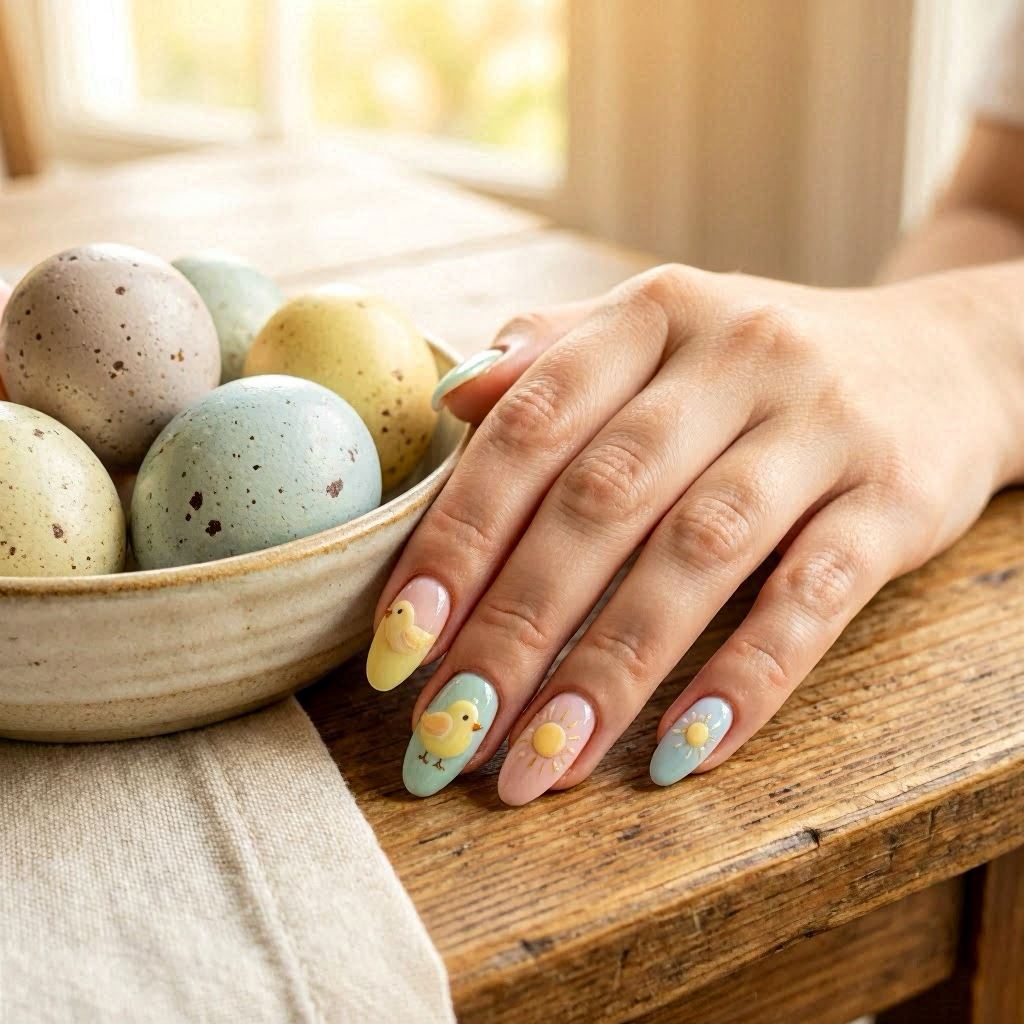 Close-up of a hand with long almond-shaped nails painted in soft pastel tones, featuring intricate Easter chick and sun designs, set beside a rustic wooden table with a bowl of speckled eggs, bathed in warm golden hour light, captured with a 100mm macro lens for crisp detail and creamy bokeh.