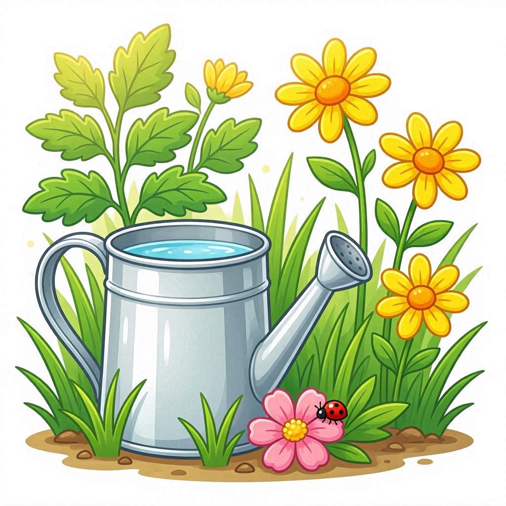 A silver watering can brimming with water, surrounded by fresh green grass blades and leafy plants, three bright yellow daisies with orange centers on the right, a pink blossom and a tiny ladybug at the base, sunny spring ambiance, clean cartoon vector style.