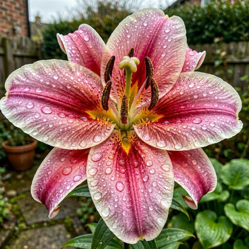 A close-up of a pink lily covered in fresh raindrops, each droplet reflecting the surrounding garden, moody overcast lighting enhancing deep petal tones, captured with a 105mm macro lens for hyper-detailed texture.