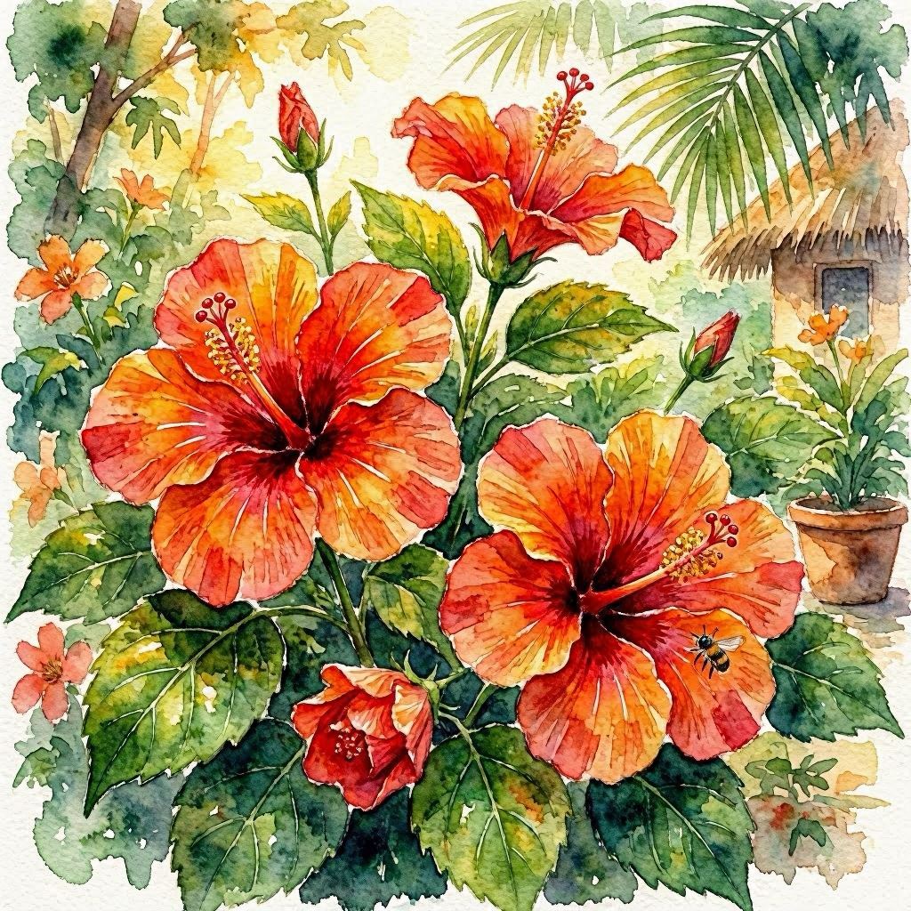 Bright hibiscus flowers in fiery reds and oranges, painted in bold yet fluid watercolor strokes, surrounded by lush green foliage, backlit by tropical sunlight, high-saturation palette evoking island warmth.