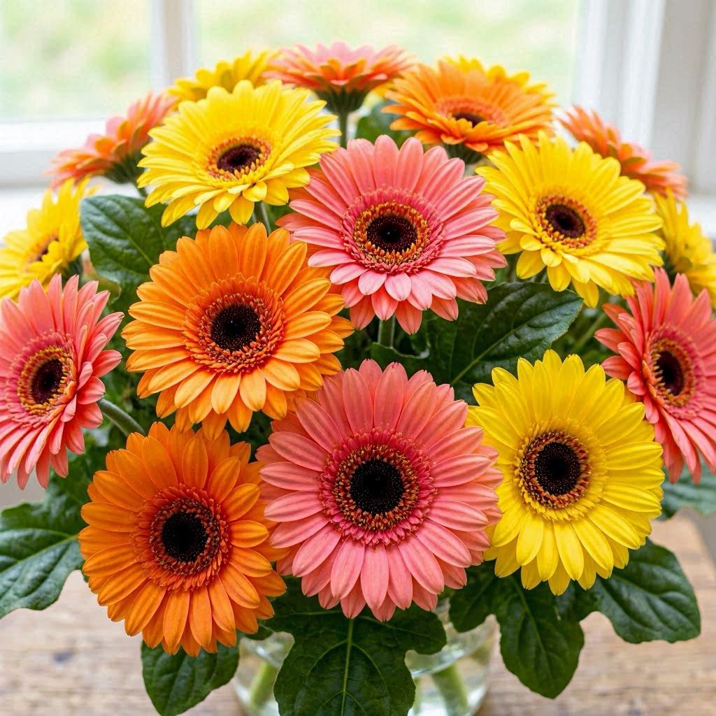A dense arrangement of pink, orange, and yellow gerbera daisies with velvety dark centers, framed by glossy green leaves, photographed under diffused daylight for even tones, shot with a 100mm macro lens to capture intricate petal textures and vivid saturation.