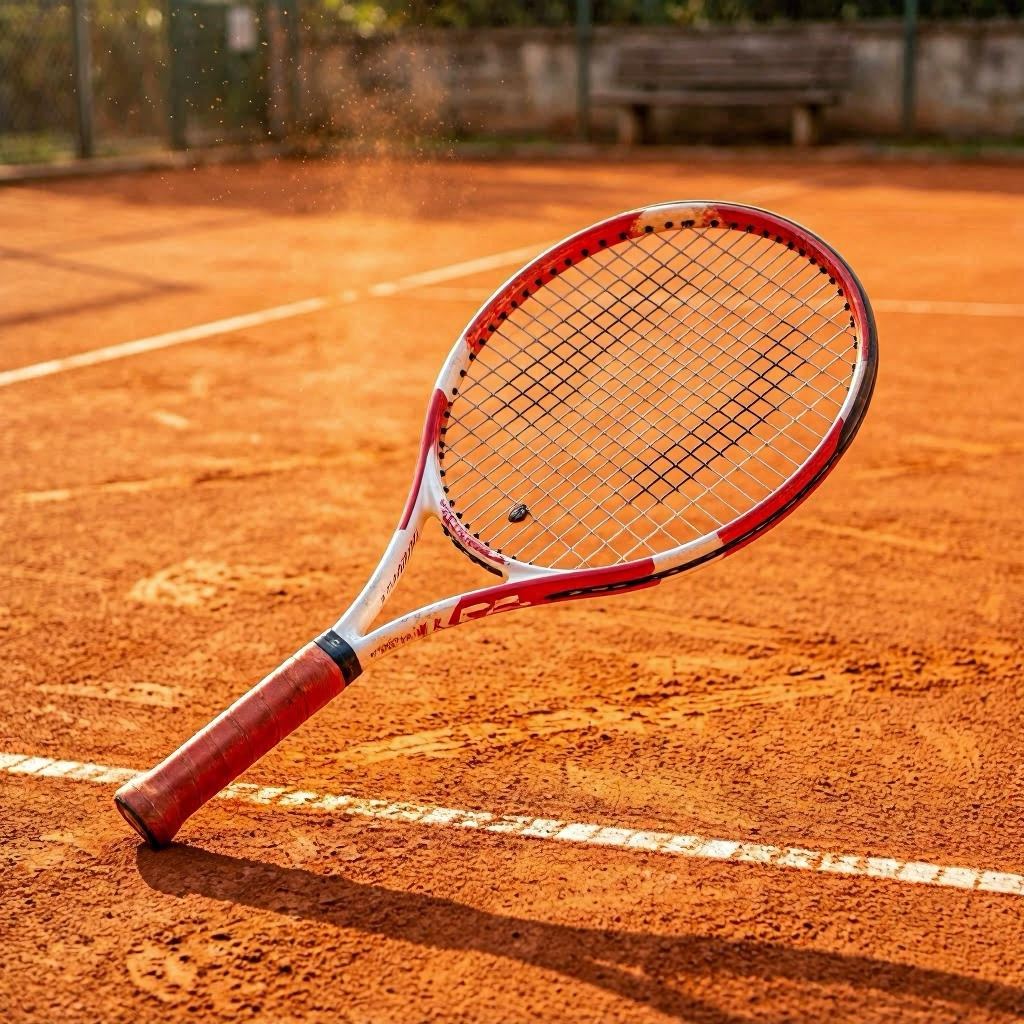 A red and white tennis racket resting diagonally on a sunlit clay court, fine dust particles visible in the air, warm golden hour tones, complementary orange and crimson palette, shot from above with a 35mm wide-angle lens for environmental context.