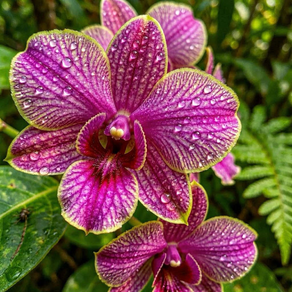 An extreme close-up macro photograph of a vibrant jungle orchid with dew drops, blurred background of green leaves, natural daylight, shallow depth of field, 100mm macro lens capturing intricate petal textures.