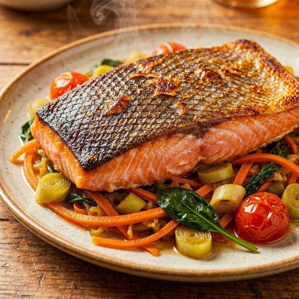 An extreme close-up of a Faroe Island salmon filet’s crispy skin texture, steam rising from sautéed vegetables beneath, warm tungsten lighting creating rich orange and amber hues, shot with a 100mm macro lens for intricate detail.