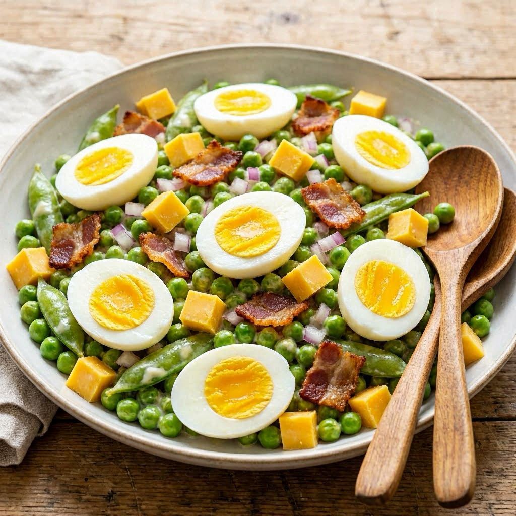 A wholesome egg and pea salad with golden cheese cubes, halved boiled eggs, red onion bits, and crispy bacon in a smooth creamy dressing, arranged in a white bowl with two wooden serving spoons, photographed in diffused daylight with a 50mm macro lens for rich texture detail.